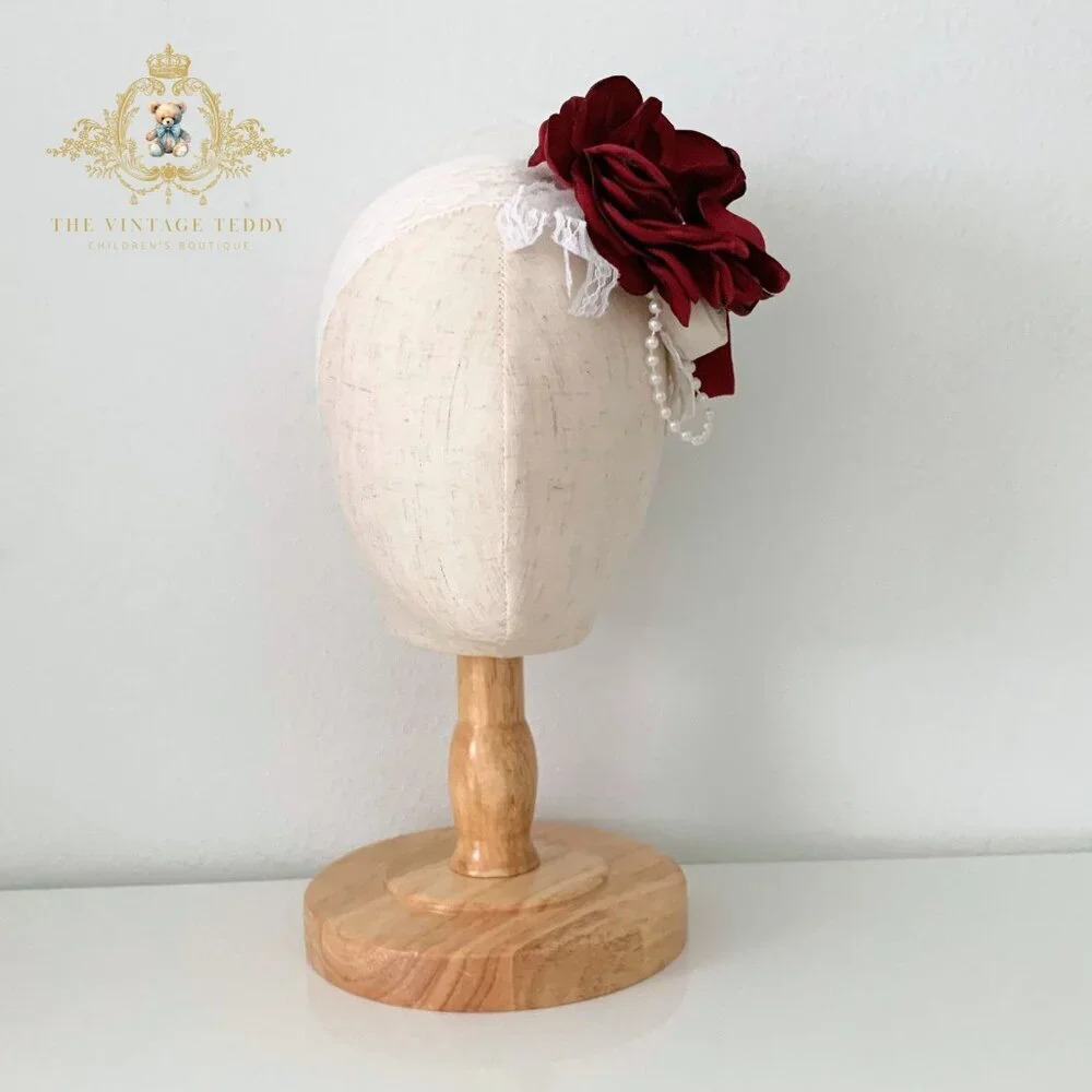 NWT Pretty Vintage Inspired Girls Headband Floral Beaded Lace Crimson Red OS - Picture 2 of 4